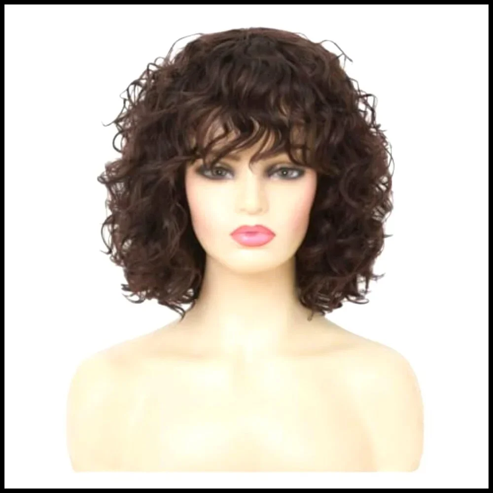 Curly Bob Wig with Bangs Shoulder Length Synthetic Heat Resistant Daily Party - Picture 2 of 7